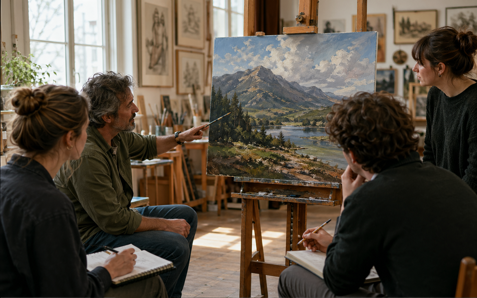 Artists critiquing a traditional landscape painting together