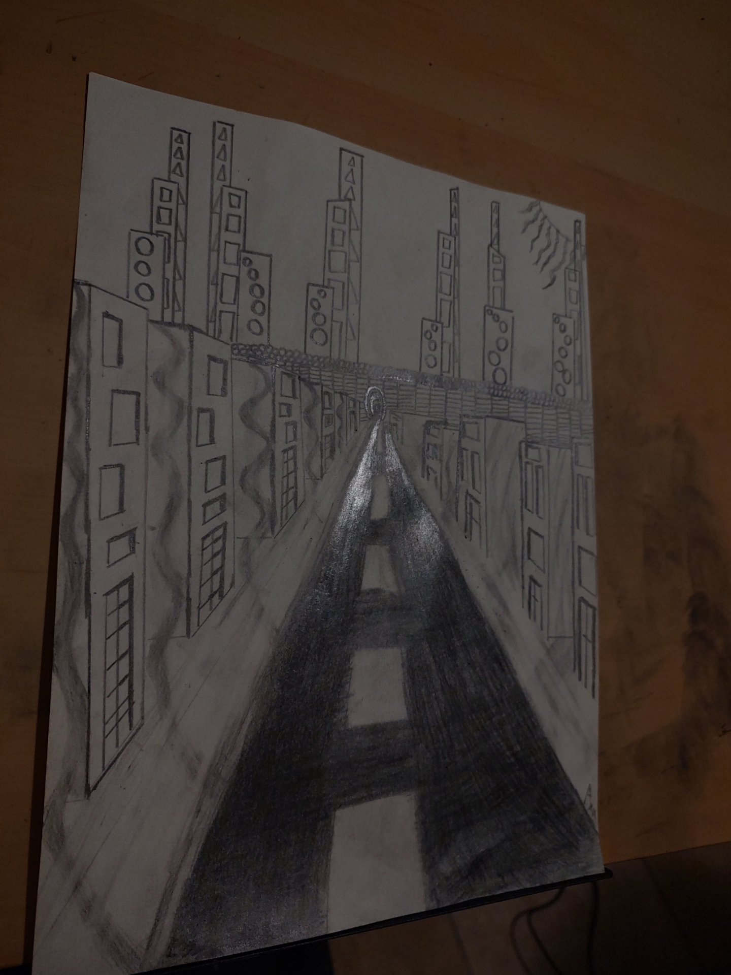 One point perspective down town. City scape 2D background.