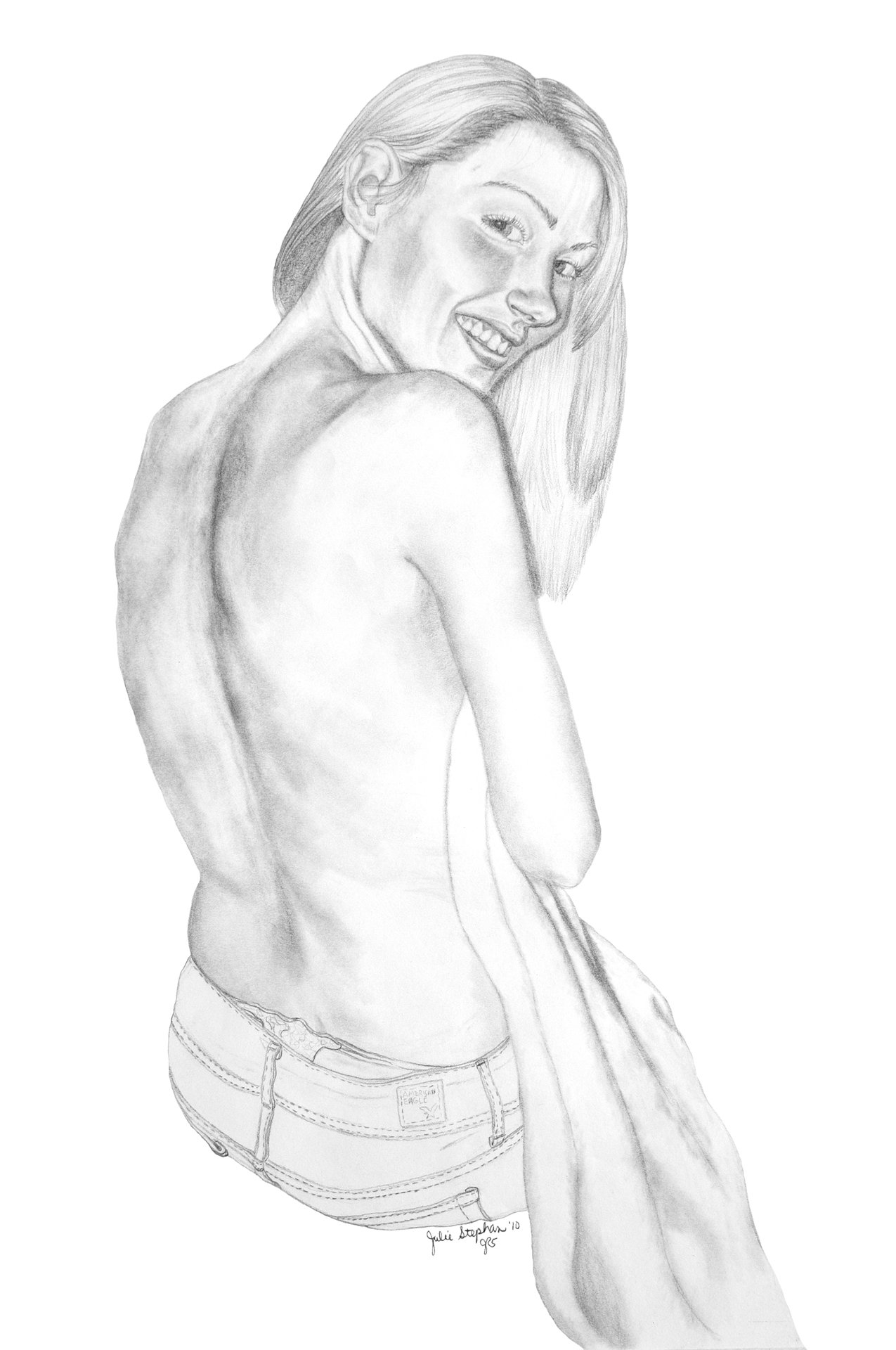 Heather in pencil with a towel and a smile