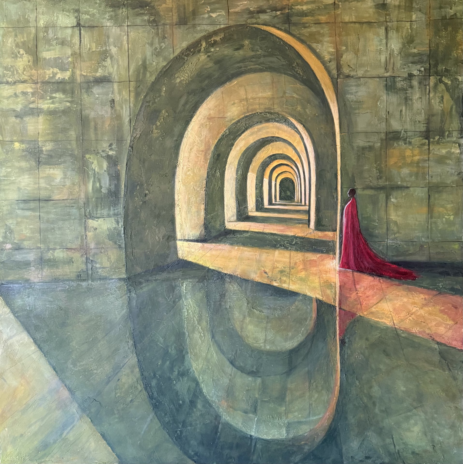 Abstract Archway Painting, Surreal Corridor Wall Art, Woman in Red Dress, Textured Contemporary Canvas, Large Atmospheric Artwork, Echo of the Path