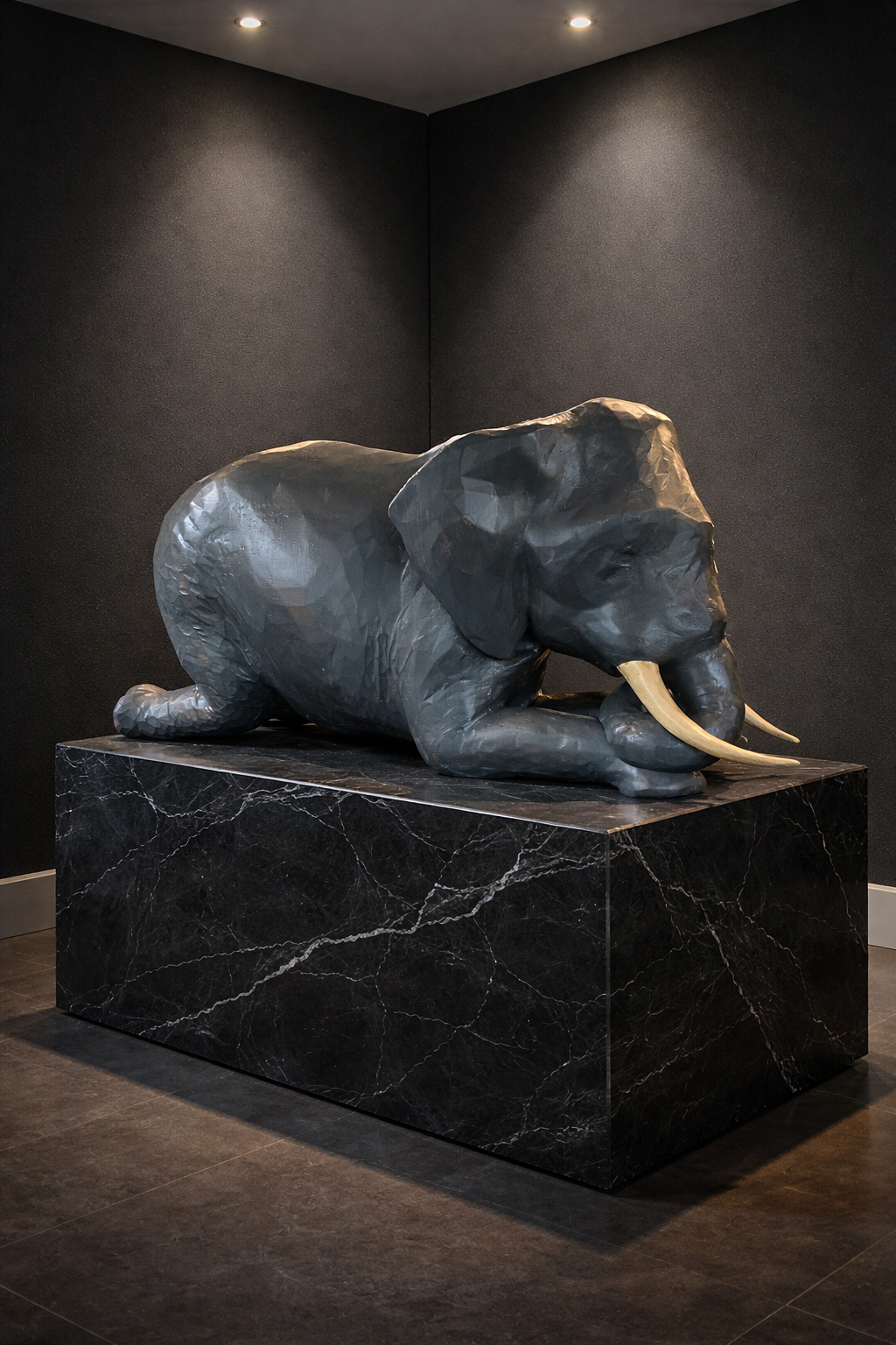 Contemporary wildlife sculpture. Elephant meditating. 32" long 18" high 11" wide. Carved in reclaimed Western Red Cedar